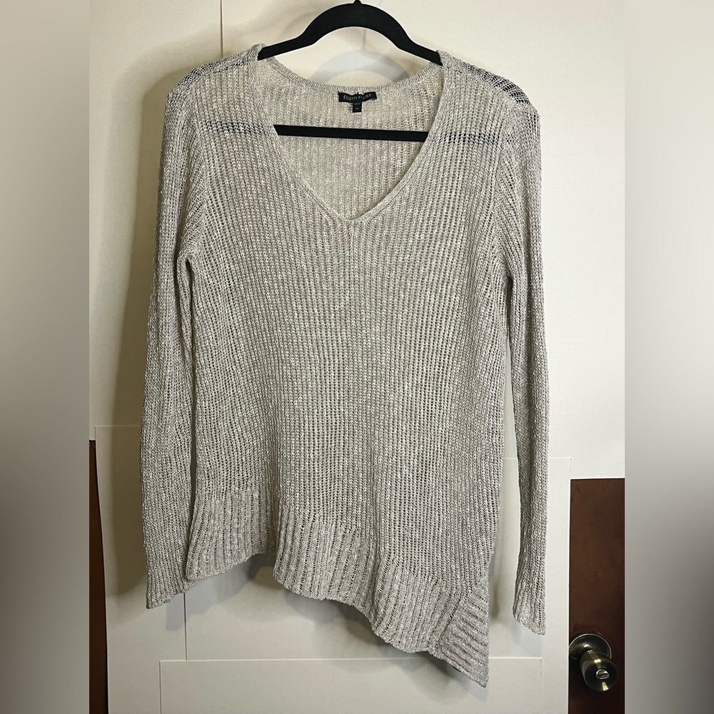 Eileen Fisher Women’s Sz M Light Gray Linen Blend Asymmetrical Open Knit Sweater